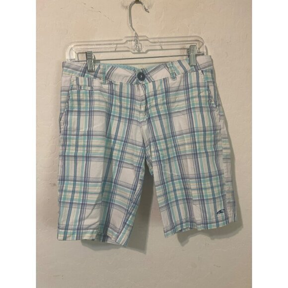 O'Neill Shorts Ocean Blue White Plaid Bermuda 100% Cotton Sz 5 Beachy Coastal - Picture 1 of 10